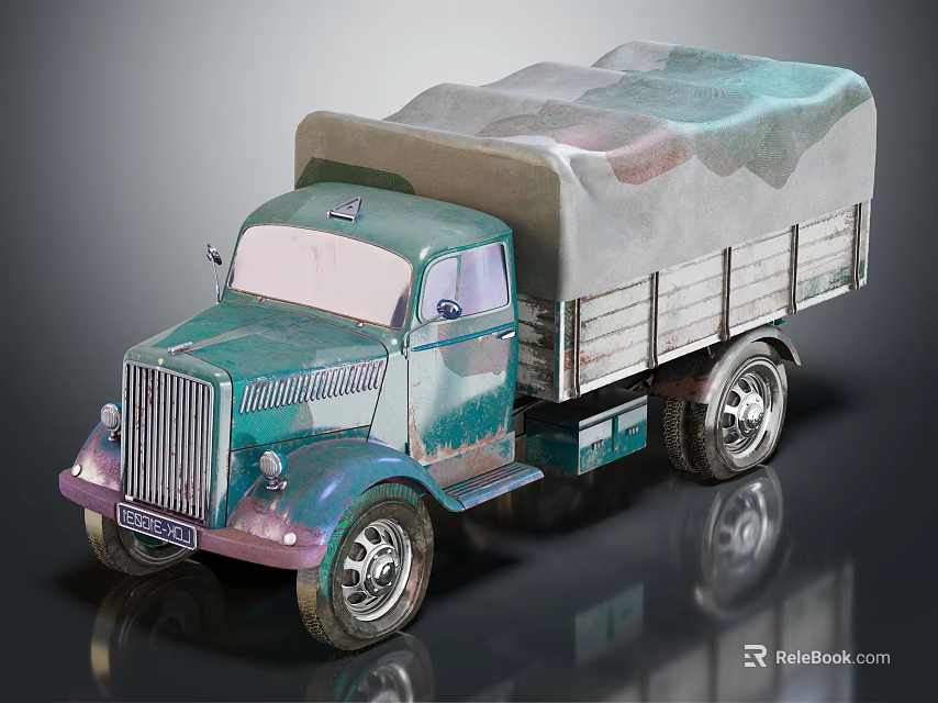 Vintage Retro Green Truck With Canvas Covered Cargo Bed And Silver Wheels 3d model 