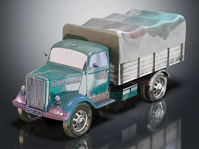 Vintage Retro Green Truck With Canvas Covered Cargo Bed And Silver Wheels 3d model