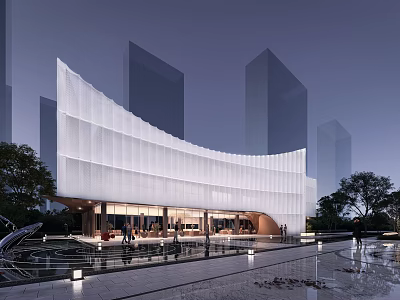 Modern Sales Office Building With Curved White Glass Curtain Wall And Night Lighting Water Feature 3d model