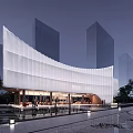 Modern Sales Office Building With Curved White Glass Curtain Wall And Night Lighting Water Feature