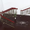 Elegant Staircase With Red Handrails Ornate Golden Balusters Dark Wooden Steps And Potted Green Plant