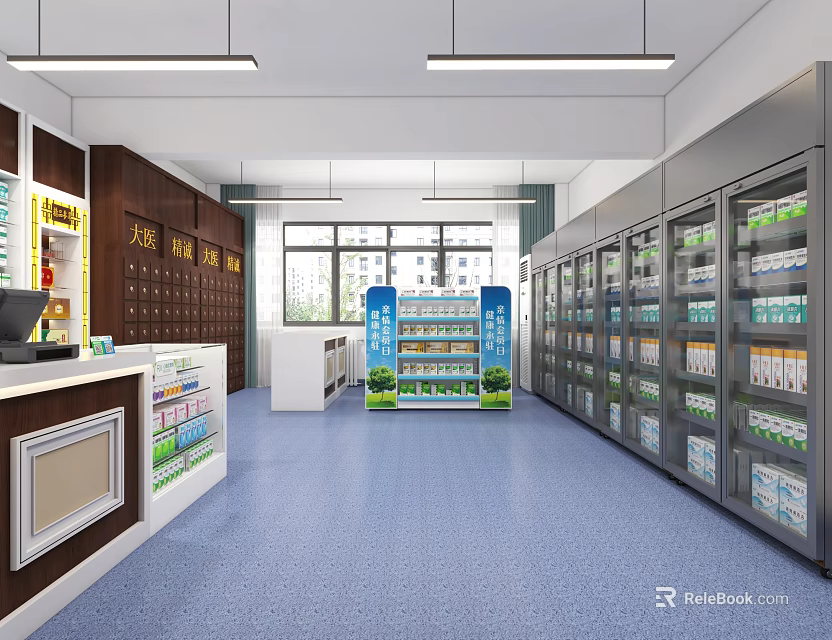 Modern Specialty Store Interior with Shelves Counter and Refrigerator Units 3d model 
