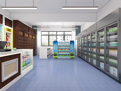 Modern Specialty Store Interior with Shelves Counter and Refrigerator Units 3d model