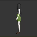 3D Character Girl With Long Black Hair White Shirt Green Pleated Skirt And Red Shoes
