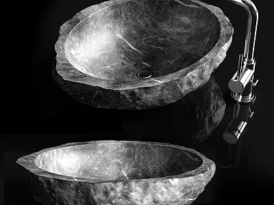 Natural Edge Stone Washbasin Design With Modern Chrome Faucet For Bathroom Decor 3d model