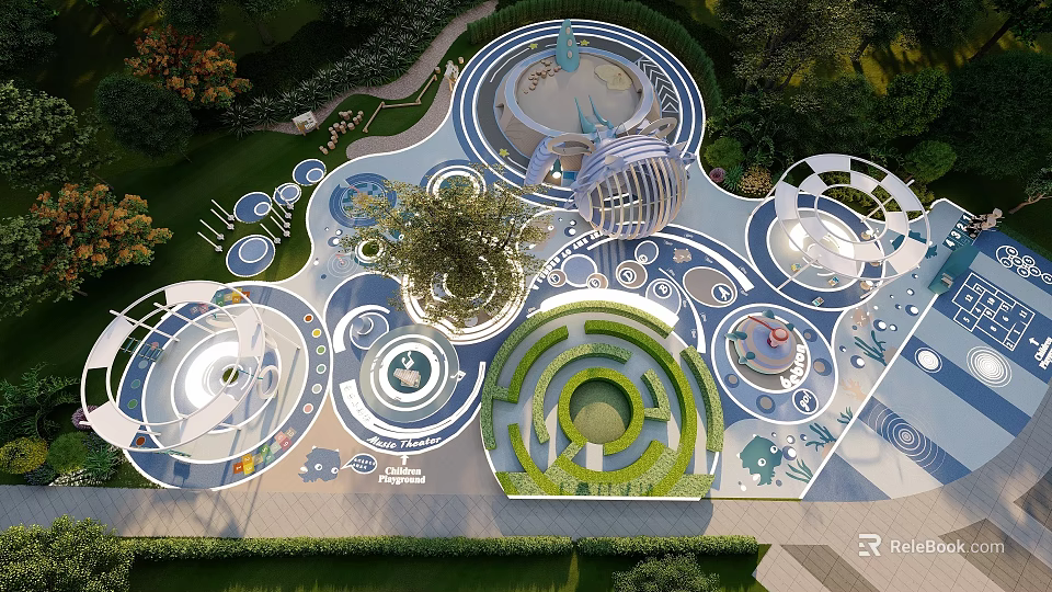 Interactive Children's Play Area With Circular Maze Elephant Figures And Green Spaces 3d model 