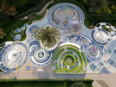 Interactive Children's Play Area With Circular Maze Elephant Figures And Green Spaces 3d model