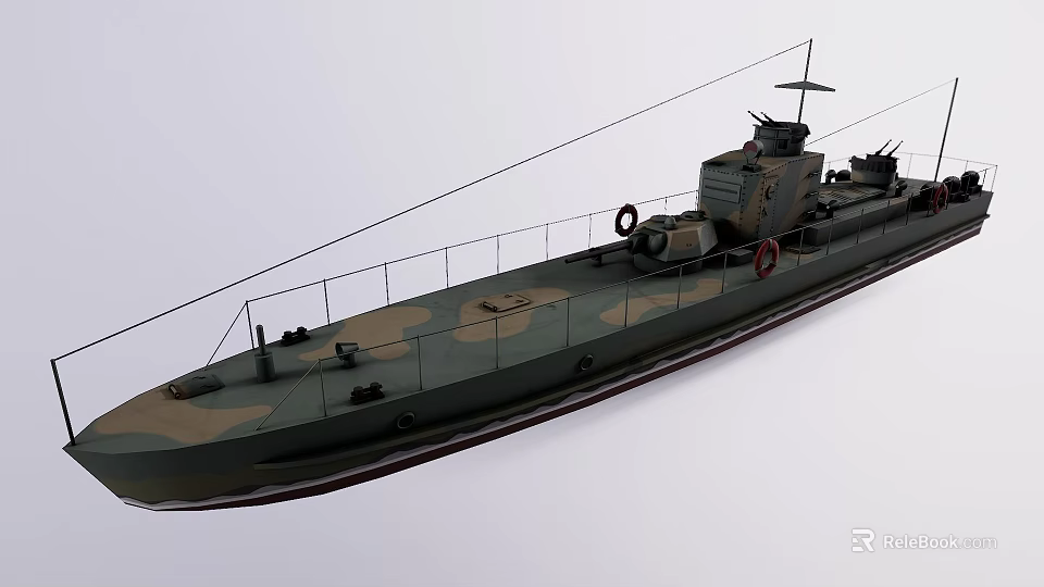 Detailed Warship Model With Camouflage Paint Deck Railing And Hull Weapons 3d model 