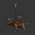 Warrior Character Riding Orange Horned Spiked Bear With Purple Yellow Armor And Spear