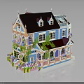 Colorful Decorated Building With Blue Pink Walls Vines Flowers Balcony And Pointed Roof