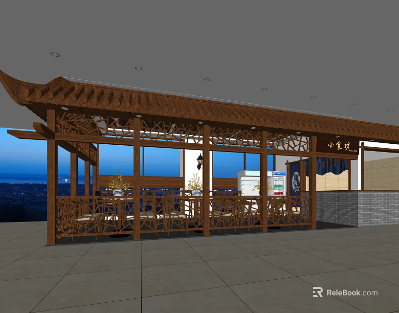 Traditional Chinese Restaurant With Wooden Pavilion Structure Open Windows And Classic Decor 3d model 
