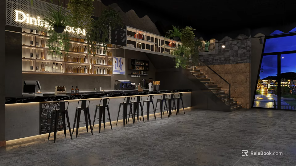 Modern Bar Interior Design with Bar Counter High Stools Wine Racks and Green Plants 3d model 