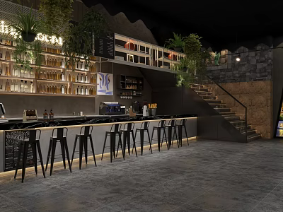 Modern Bar Interior Design with Bar Counter High Stools Wine Racks and Green Plants 3d model
