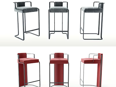 Modern Bar Stools With Metal Frame Upholstered Seats Armrests In Gray And Red Tones 3d model