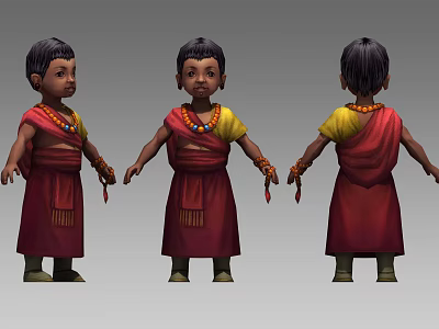 Child in Traditional Red Yellow Costume Three Views with Colorful Necklace Hand Accessories Green Boots 3d model