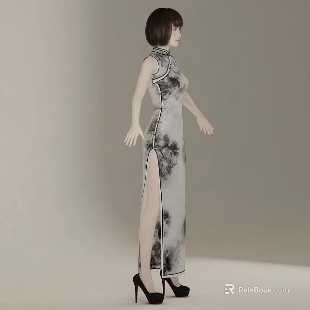 Woman Wearing Traditional Qipao With Ink Painting Pattern And Side Slit Design 3d model 