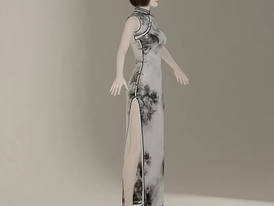 Woman Wearing Traditional Qipao With Ink Painting Pattern And Side Slit Design 3d model