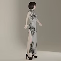 Woman Wearing Traditional Qipao With Ink Painting Pattern And Side Slit Design