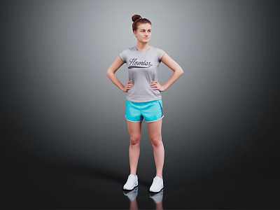 Woman Wearing Gray T-shirt Light Blue Shorts With Bun Hairstyle Hands On Hips 3d model