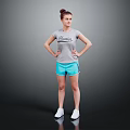 Woman Wearing Gray T-shirt Light Blue Shorts With Bun Hairstyle Hands On Hips