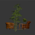 Indoor Relaxation Space With Brown Armchairs Round Woven Rug Bamboo Plant And Side Table