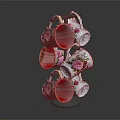 Decorative White Ceramic Mugs With Floral Patterns On Multi Tiered Metal Display Rack