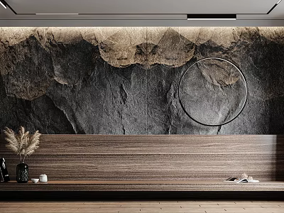 Natural Texture Background Wall With Circular Decorative Element Wooden Bench Vase Plants And Books 3d model