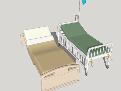 Medical Equipment Including Beige And Green Hospital Beds With IV Stand And Bag 3d model