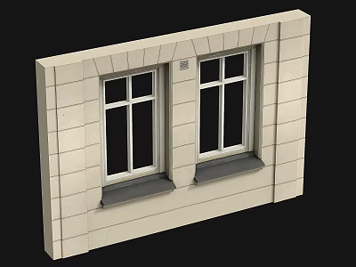 Two Casement Windows with White Frames on Light Stone Wall and Grey Windowsills 3d model
