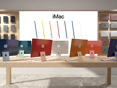 Various Colors of iMac Desktop Computers Displayed in Modern Store Showcase 3d model