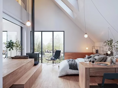 Modern Hotel Guest Room With Large Windows Natural Light Wooden Floors And Comfortable Bed 3d model