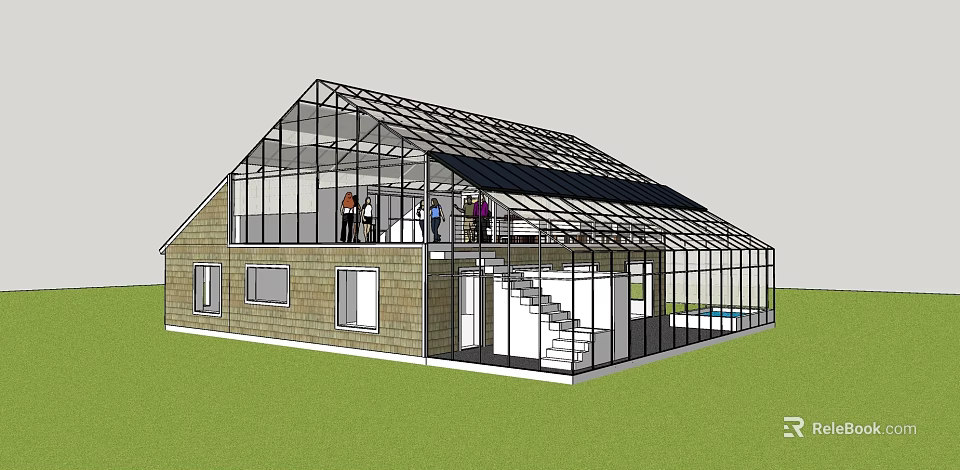 Fresh Vegetables Growing In Modern Glass Greenhouse With Lawn And Pool 3d model 