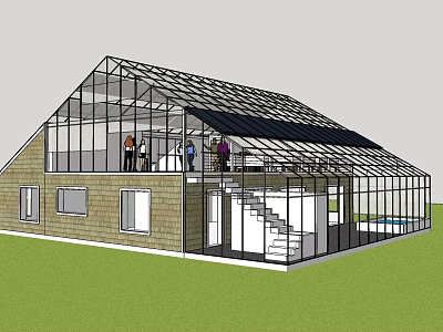 Fresh Vegetables Growing In Modern Glass Greenhouse With Lawn And Pool 3d model