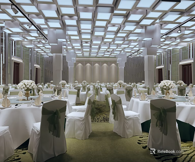 Elegant Banquet Hall With Modern Ceiling Lighting Round Tables Chair Covers And Floral Centerpieces 3d model 