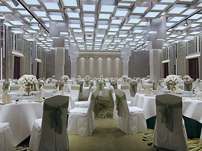 Elegant Banquet Hall With Modern Ceiling Lighting Round Tables Chair Covers And Floral Centerpieces 3d model