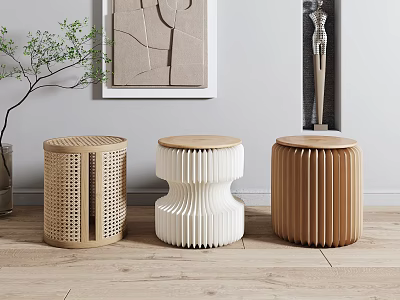 Stylish Modern Interior With Three Unique Wooden Stools Perforated Wavy And Ribbed Designs 3d model
