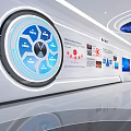 Innovative Modern Exhibition Hall With Red Banner Circular Floor And Dynamic Elements 3d model