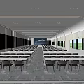 Spacious Modern Conference Room With Rows Of Chairs Wavy Backdrop Wall And Ceiling Lighting