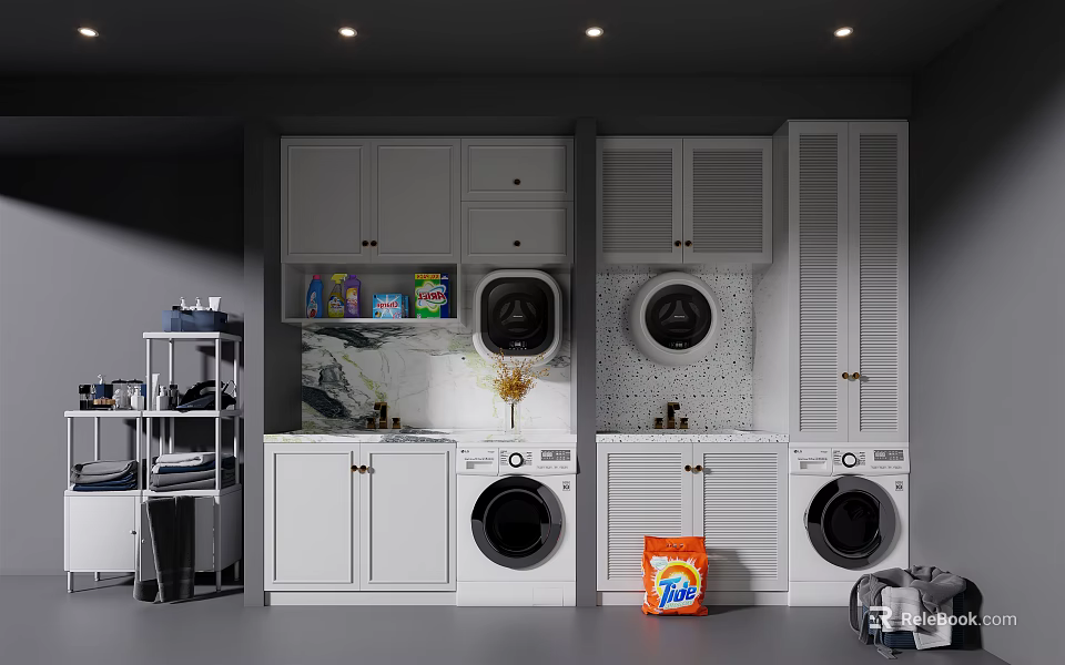 Bathroom Cabinet Frame In Laundry Room With White Cabinets Washing Machines And Cleaning Supplies 3d model 