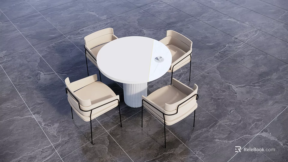 Modern Minimalist Round White Table With Beige Chairs And Metal Frame On Gray Tile Floor 3d model 