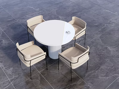 Modern Minimalist Round White Table With Beige Chairs And Metal Frame On Gray Tile Floor 3d model