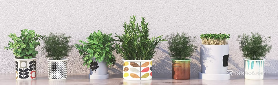 Lush Green Potted Plants In Decorative Patterned Pots On Wooden Table 3d model 