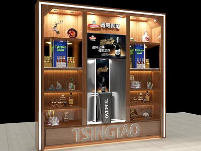 Tsingtao Beer Display Shelf with Wooden Structure Lighting and Refrigerator for Alcohol Drinks 3d model