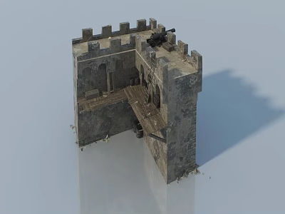 Medieval Castle Hinged Door With Stone Wall And Wooden Platform Structure 3d model
