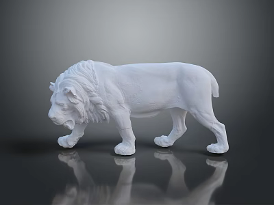 White Lion Sculpture Standing on Black Surface with Clear Reflection 3d model