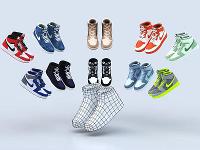 Various Colorful Sneakers With High Top Low Top Styles And Plaid Pattern Sock Shoes 3d model