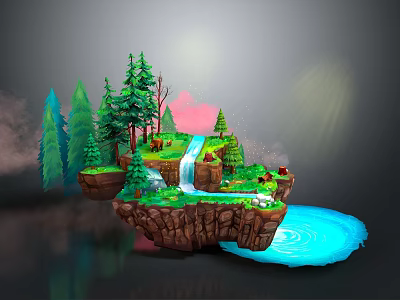 Floating Fantasy Island With Green Trees Waterfall Stream Grass And Blue Water 3d model