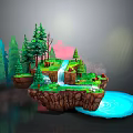 Floating Fantasy Island With Green Trees Waterfall Stream Grass And Blue Water