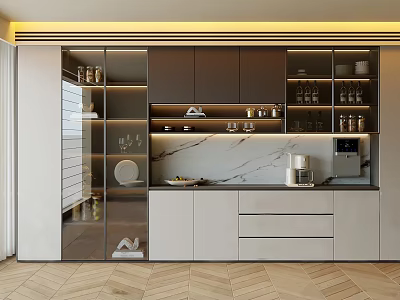 Modern Sideboard with Glass Doors Marble Countertop Lighting and Storage Drawers 3d model