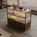 Glass And Wooden Pastry Display Case With Colorful Cakes And Square Pastries